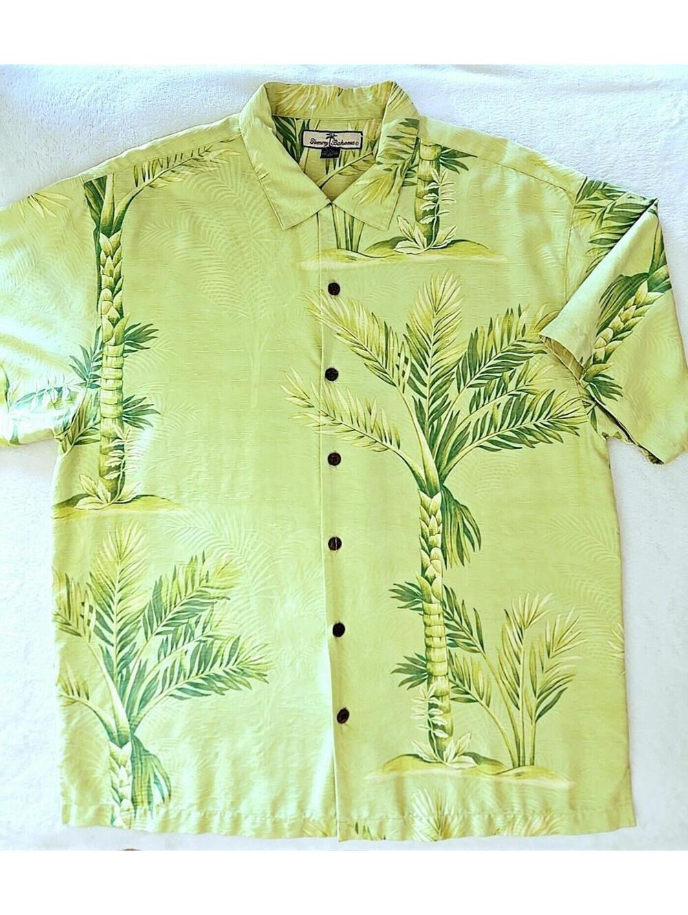 Tommy Bahama Hawaiian Shirt Men Large Green 100% Silk Tropical Leaf Floral Aloha